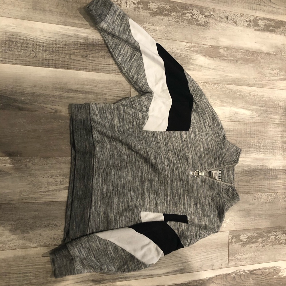 PINK Grey 1/4 Zip with black and white stripes
